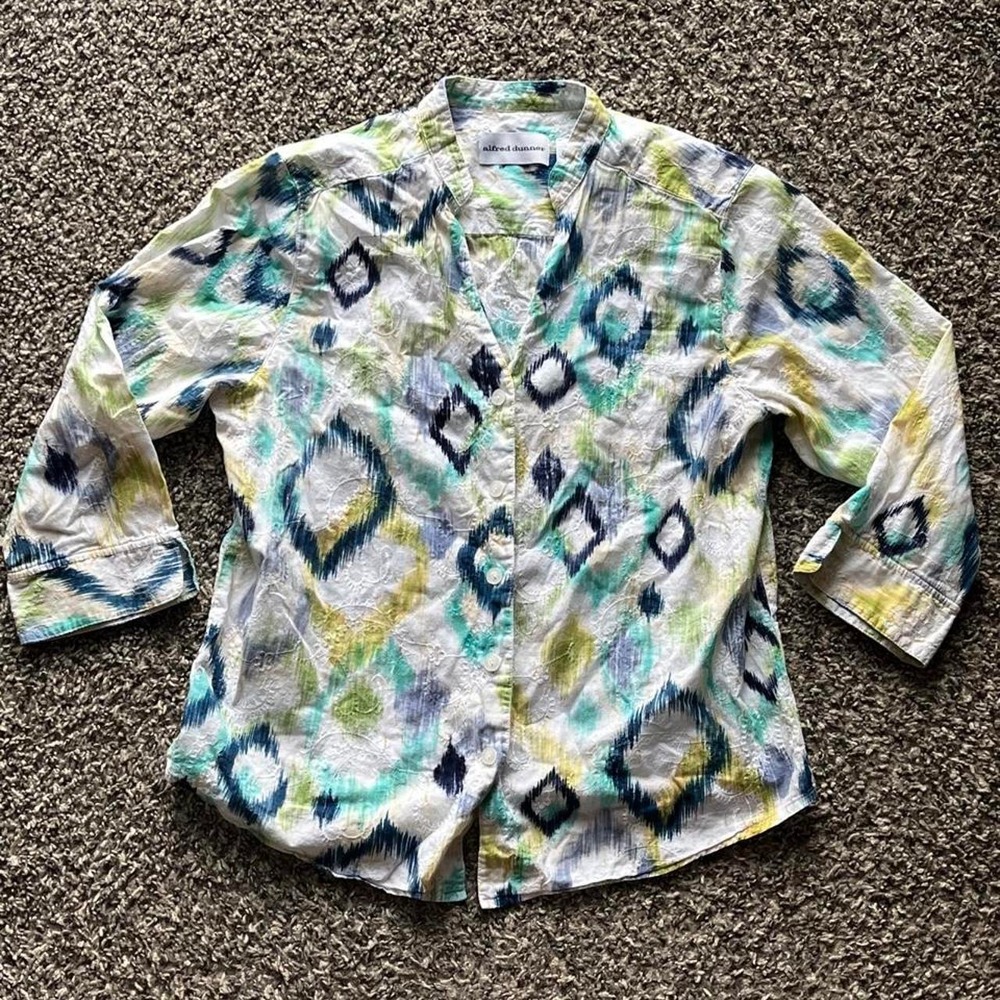 Alfred Dunner Women Cotton Ikat Eyelet Embroidered Blouse Blue Green Size 8